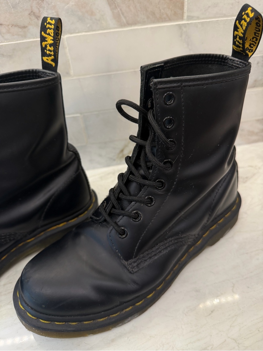 Dr. Martens Black Lace-Up Leather Combat Boots with Yellow Stitching - Picture 5 of 16